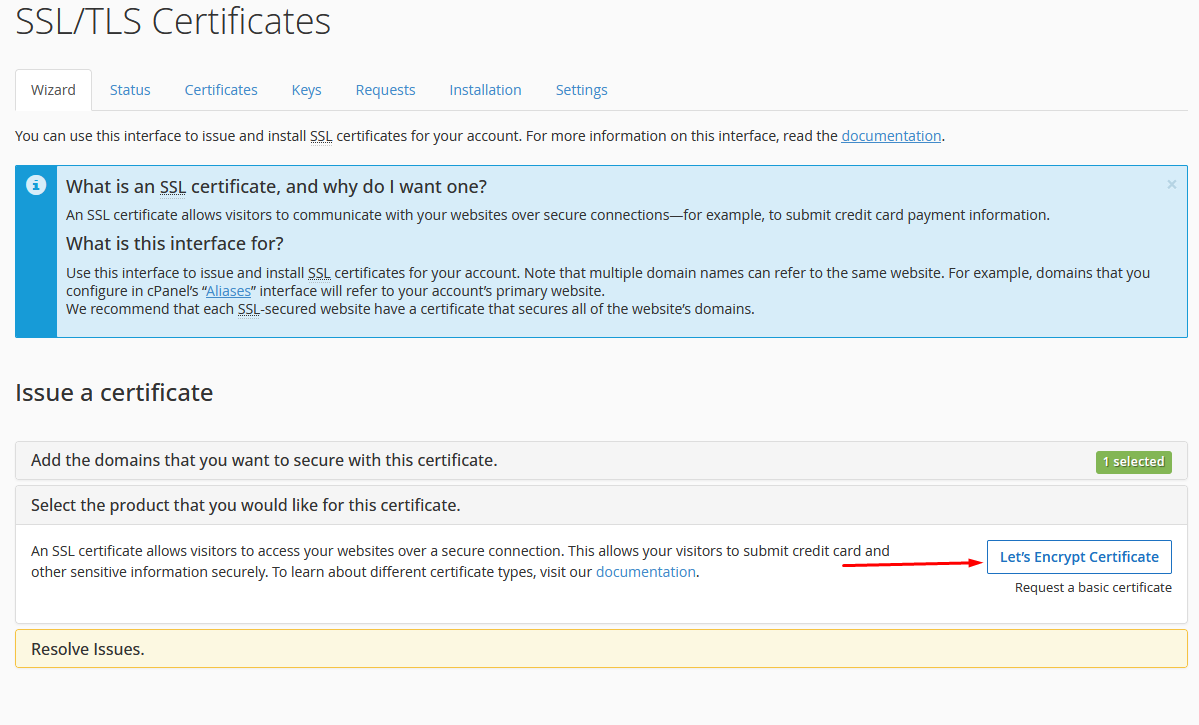 SSL/TLS Certificates Wizard with Let's Encrypt Certificate button highlighted