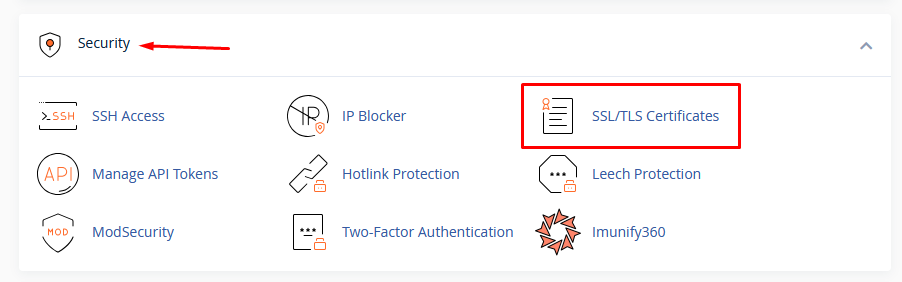 Security section in cPanel with SSL/TLS Certificates highlighted